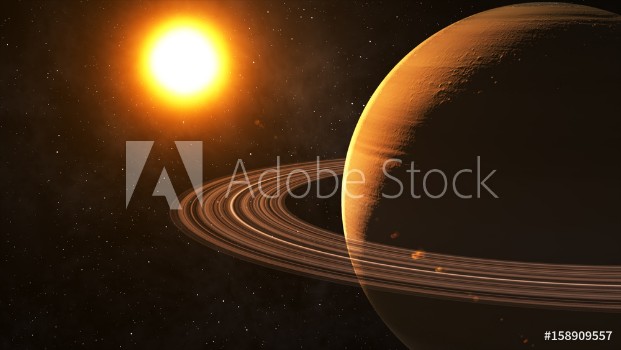 Bild på The sun shines on Saturn in space high quality 3d illustration